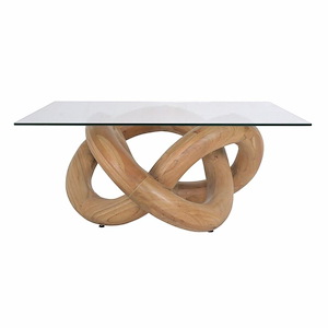 Modern Coastal Square Glass top Coffee Table in Natural Wood Finish with Sculptural Knot Base 36 inches W and 16 inches H