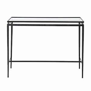 Rectangular Glass Top and Metal Console Table in Black and White Finish with Hammered Textured Legs 42 inches W and 32 inches H