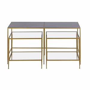 Set of 3 Dark Mahogany Wood Top Console Table and Two Glass Top Tables with Brass Tone Metal Frame 52 inches W and 30 inches H