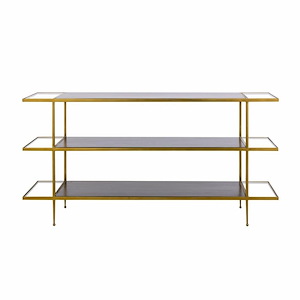 3-Tier Dark Mahogany-Stained Wood Shelves Console Table in Brass Finish with Tempered Glass Panels 60 inches W and 30 inches H