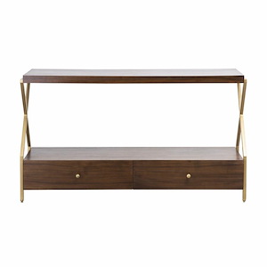 Simple Wood Top Shelf with 2 Storage Drawers Base in Mahogany and Brass Finish with X-Shaped Metal Frame 56 inches and 30 inches H - 1244049