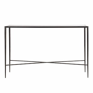 Modern Clear Glass Top with Criss-Crossing Support Beams Table in Bronze Finish with Slender Metal legs 54 inches W and 32 inches h - 1244583