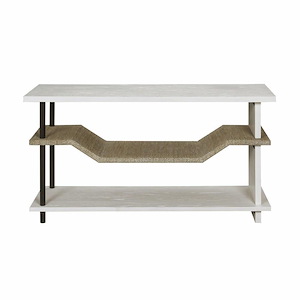3-Tier Shelves with Sloped Palm Rope Mid Shelf Table in Polished Slate with Metal Legs and Side Panel 54 inches W and 30 inches H