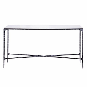 Modern White Marble Top Table with Criss-Crossing Iron Beams in Graphite with Slender Metal Bar Legs 60 inches W and 32 inches H