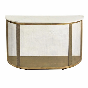 White Marble Top Console Table with Mesh Surround in Golden Powder Finish with Open Iron Frame 50 inches W and 31 inches H