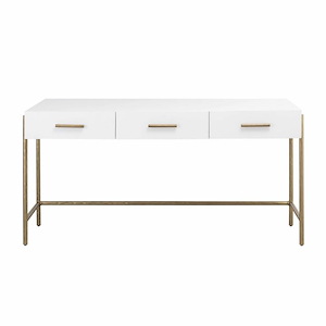 3-Drawer Rectangular Office Desk in White and Antique Brass Finish with Metal Base 60 inches W and 30 inches H