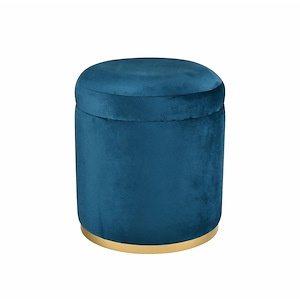 Modern Drum Shape Storage Ottoman with Velvet Upholstery with Brass Metal Band and Ridge 15.75 W x 18.25 H x 15.75 D