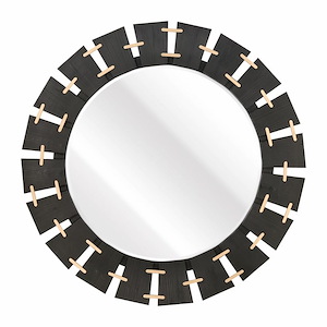 Modern Round Wall Decor Mirror with Black Ebonized Wood Blades Frame connected with Brass Pins 50.5 x 50.5 inches - 1244414