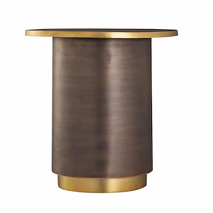 Round Pedestal Side Table in Antique Bronze and Aged Brass Accents with Metal Cylinder Base 18.5 inches W and 19.25 inches H