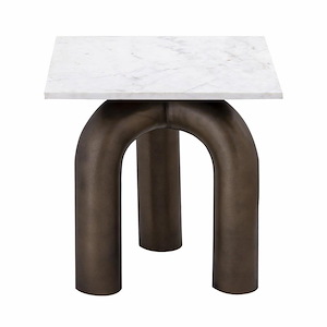 White Marble Top Square Accent Table in Antique Bronze Finish with 3 Iron Tube Base 20 inches W and 18 inches H