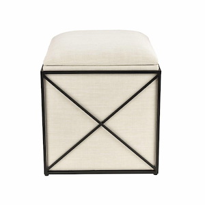 Rectangular Shape Storage Ottoman Upholstered in Beige Linen with Black Iron Frame 15.75 W x 17.75 H x 15.75 D