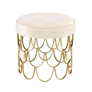 Round Ottoman with Cylindrical Base made of Scalloped Metal Wires in Brass upholsered in Beige Velvet 18 W x 18 H x 18 D