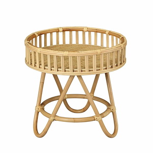 Round Accent Table from Wrapped Rattan and Woven Rattan Canning with Wooden Frame 22 inches W and 21 inches H