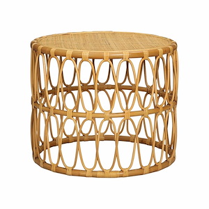 Coastal Style Round Woven Cane Top Outdoor Accent Table with Open Drum Base 24 inches W and 20 inches H