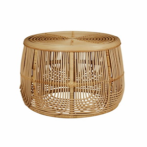 Woven Cane Top Round Drum Accent Table in Natural Wood Finish with Curved Woven Base 28.5 inches W and 18.3 inches H