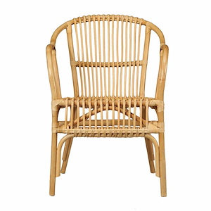 Coastal Wooden Arm Chair with Vertical wrapped Rattan Rods in Natural Finish with Flared Arm Type 23 W x 34 H x 25.5 D