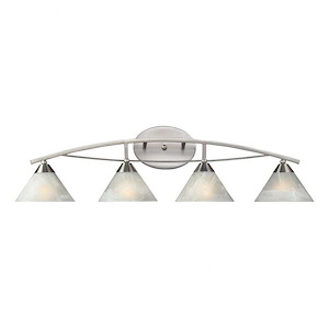 Contemporary Four Light Vanity Light Fixture with Cone Shaped Shades-Curved Arm-and Oval Back Plate