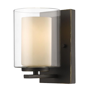 1 Light Metropolitan Steel Wall Sconce with Cylinder Clear/Matte Opal Glass-8 Inches H by 4.5 Inches W - 1260006