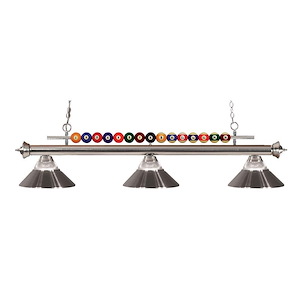 3 Light Billiard Light with Brushed Nickel Frame with Pool Balls Across The Top and Clear Ribbed Glass and Metal Dome Shades - 1257295