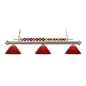 3 Light Billiard Light with Brushed Nickel Frame with Pool Balls Across The Top and Red Glass Dome Shades - 1256994