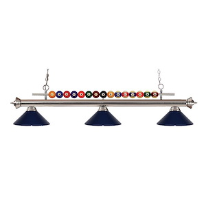 3 Light Billiard Light with Brushed Nickel Frame with Pool Balls Across The Top and Black Glass Dome Shades - 1257438