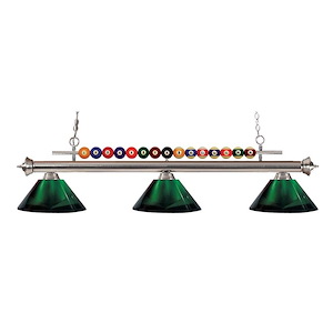 3 Light Billiard Light with Brushed Nickel Frame with Pool Balls Across The Top and Green Glass Dome Shades - 1257072