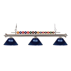 3 Light Billiard Light with Brushed Nickel Frame with Pool Balls Across The Top and Dark Blue Glass Dome - 1257169
