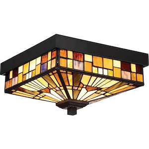Geometric Checkered Tiffany 2-Light Flush Mount Light with Handcrafted Art Glass Shades 11 inches W x 6 inches H