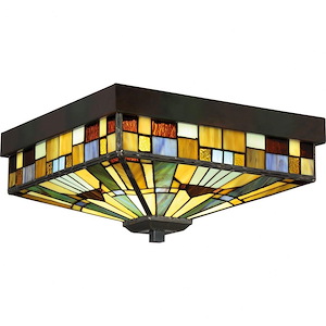 Geometric Checkered Tiffany 3-Light Flush Mount Light with Handcrafted Art Glass Shades 14 inches W x 7 inches H - 1246459