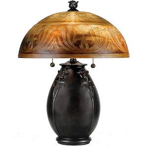 Table Lamp with Urn Style Base with Floral Designs with Decorative Dome Style Art Glass Shade 14 inches W x 17.8 inches H