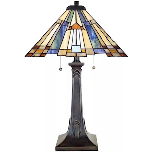 2-Light Tiffany Table Lamp with Linear Bronzed Base with Geometric Art Glass Panel Shade 15.5 inches W x 25 inches H