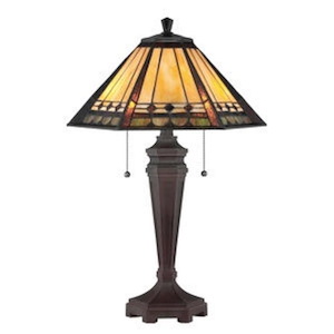 2 Light Mission Tiffany Table Lamp with Geometric Stained Glass Panels and Pull Chains in Russet