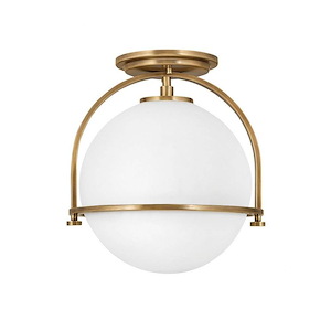 1-Light Semi-Flush Mount with Metal Yoke and Ring in Heritage Brasswith Etched Opal Globe Glass 11.5 inches W x 12.5 inches H