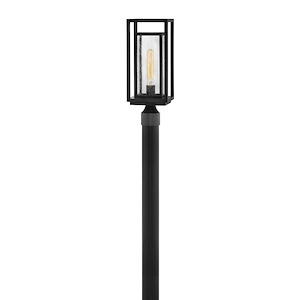 Double Frame 1-Light Medium Outdoor Post or Pier Mount Lantern in Black with Clear Seedy Glass 7 inches W x 17 inches H