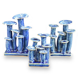 Wild Blue Mushrooms - Sculpture (Set of 3)-5 Inches Tall and 2.75 Inches Wide