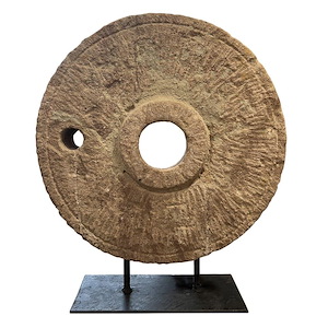 Stone Wheel on Stand - Sculpture-19.75 Inches Tall and 17 Inches Wide