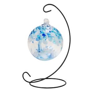 Tree Of Life - 3 Inches Aqua Hand Blown Glass Ball With Stand-9 Inches Tall and 5 Inches Wide