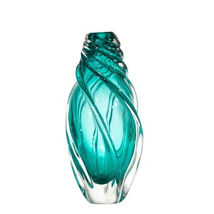 Aqua Swirl - 12.75 Inch Hand Blown Art Glass Vase
