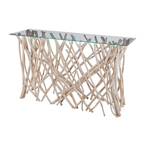 Coastal Clear Glass Top Console Table in Natural Teak Finish with Driftwood Branches Base 49 inches W and 32 inches H