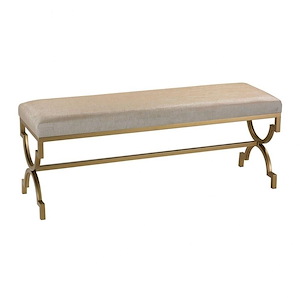 Double Bench with Metallic Cream Linen Upholstered Seat and Gold Finish with Cane-Style, Metalwork Frame 54 W x 21 H x 17 D