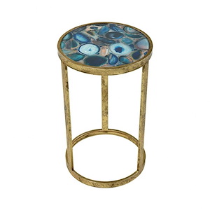 Rustic Glass Top Accent Table in Blue Agate Finish with Metal Drum Base 11.75 inches W and 19.75 inches H