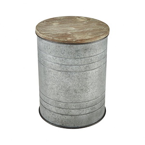 Industrial Wood Top and Steel Body in Galvanized Steel Finish with Drum Style Base 16 inches W and 21 inches H