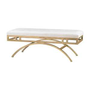 Modern Midcentury Sleek Gold Arc Design Bench with Plush White Upholstery with Double-Arched Supports 48 W x 18 H x 18 D