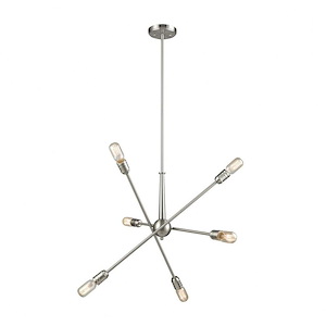Delphine - 6 Light Chandelier Satin Nickel in Modern/Contemporary Style with Mid-Century and Retro inspirations - 12 Inches tall and 28 inches wide