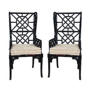 Set of 2 Rustic Bamboo Design Chair Made Of Mahogany In Crossroads Rosa with Fabric on Cushion and Pillow 24 W x 47 H x 26 D