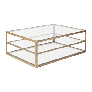 Three Glass Shelves Coffee Table with Metal Frame in Luxe Gold Finish with Open Frame Base 54 inches W and 18 inches H - 1265143