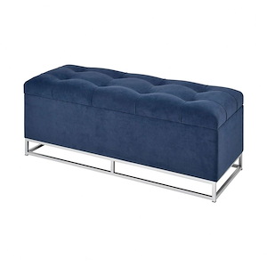 Modern Luxe Style Bench Upholstered in Tufted Blue Velvet with Hand-Applied Silver Iron Base 44 W x 19 H x 17 D