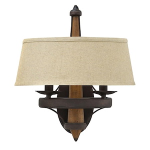Bastille-2 Light Rustic Wall Sconce with Wood and Metal Design and Bistro Linen Shade-15 Inches Wide by 16.25 Inches Tall - 424468
