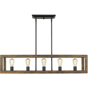 Sutton 5 Light Linear Pendant in Black with Wood Frame
