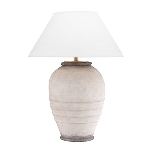 Decatur Transitional 1 Light Table Lamp Ceramic/Belgian Linen Base with White Belgian Linen Shade